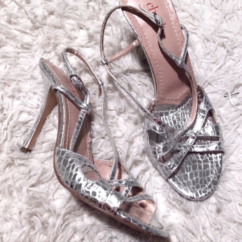 Charles David Elegant Shiney Silver Alligator Skin Peep Toe Sling Back Heels